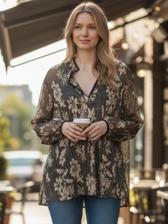 Vince Camuto Tops - Vince Camuto Black Floral V-Neck Sheer Blouse